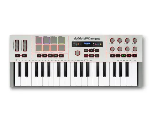 Белый MIDI-контроллер Akai MPK Mini Plus II с 37 мини-клавишами, восемью пэдами и цветным экраном