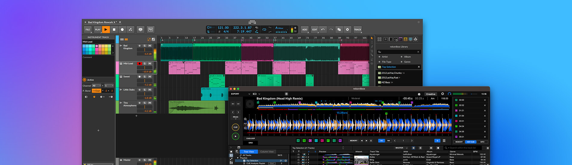 Окна Bitwig Studio и rekordbox на синем градиентном фоне