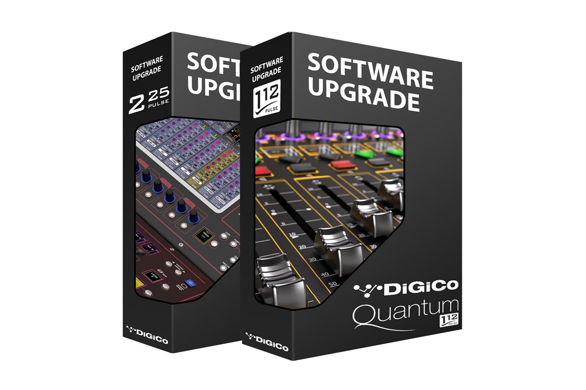 Коробки программных расширений DiGiCo Quantum112 и Quantum225 Pulse на фоне фрагментов микшерных консолей