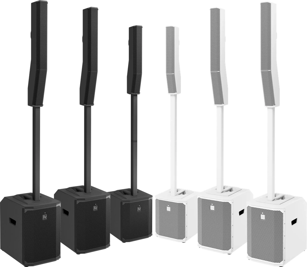 Шесть колонных систем Electro-Voice EVOLVE G2 в чёрном и белом исполнении: модели 30M, 50 и 50M