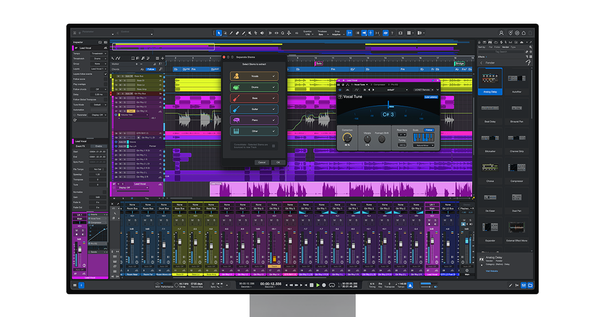 Окно Fender Studio Pro 8.2 с микшером, аранжировкой и панелями обработки
