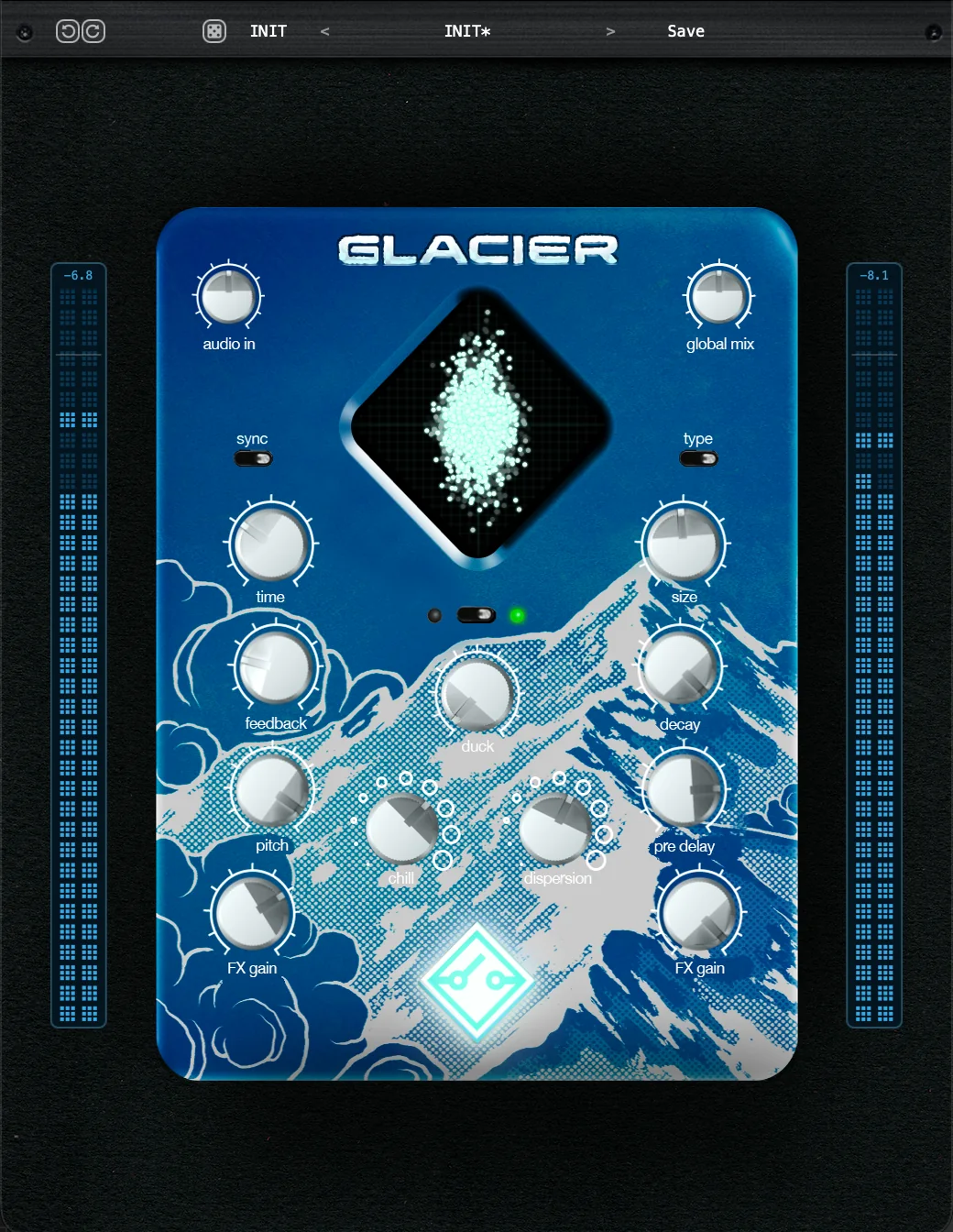 Интерфейс FlickSwitch Audio Glacier с регуляторами delay, reverb, Freeze, Chill, Dispersion и Duck