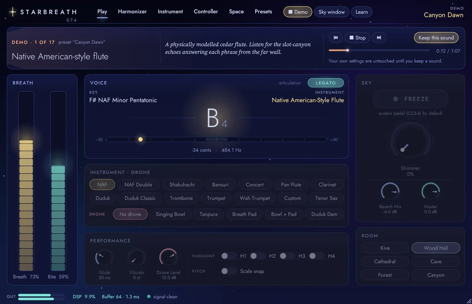Интерфейс Starbreath с индикаторами дыхания и bite, выбором духового инструмента, drone и комнаты
