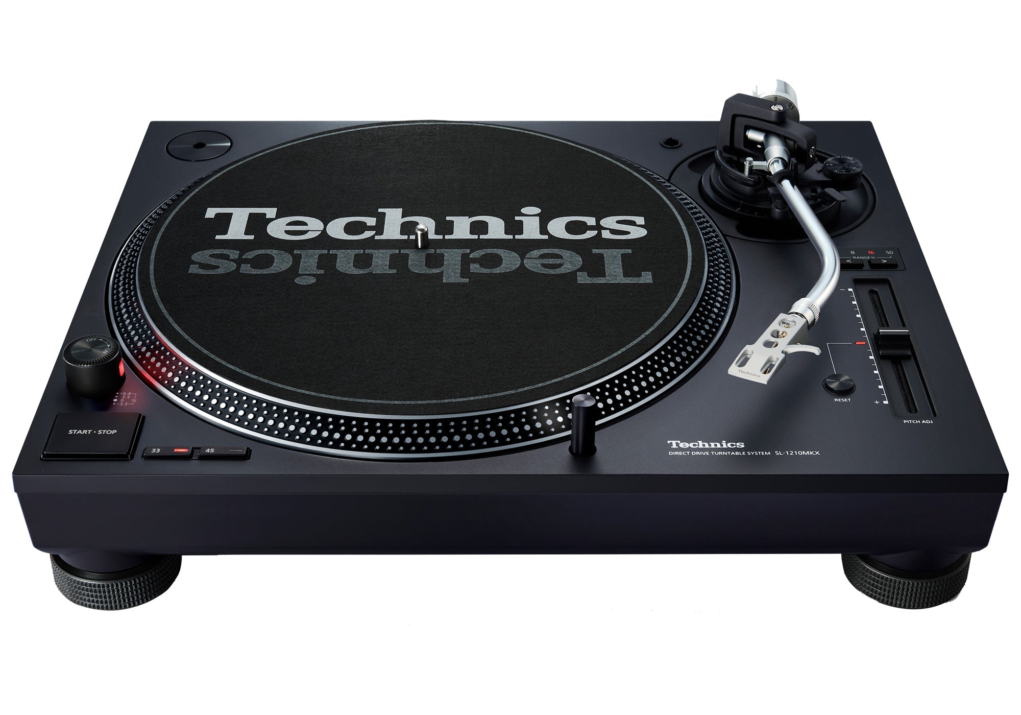 Чёрный DJ-проигрыватель Technics SL-1210MKX с S-образным тонармом и вертикальным pitch-фейдером